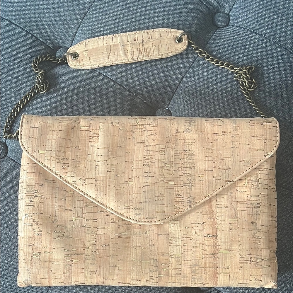 J Crew envelope clutch bag with chain in cork and metallic design